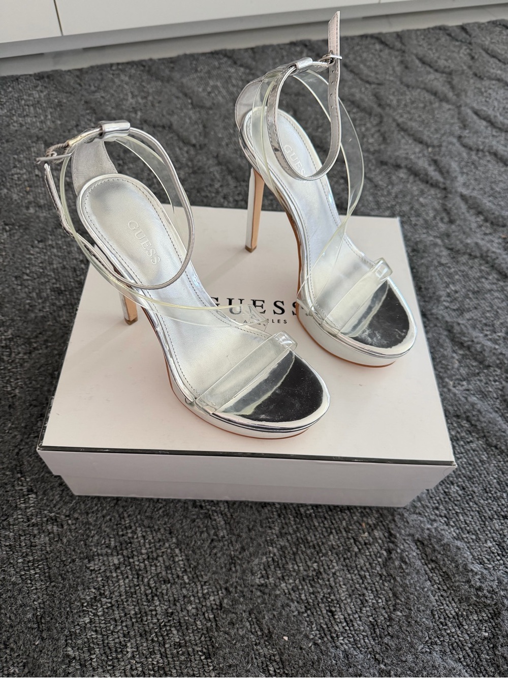 GUESS Silver Clear-Strap Stiletto Sandals